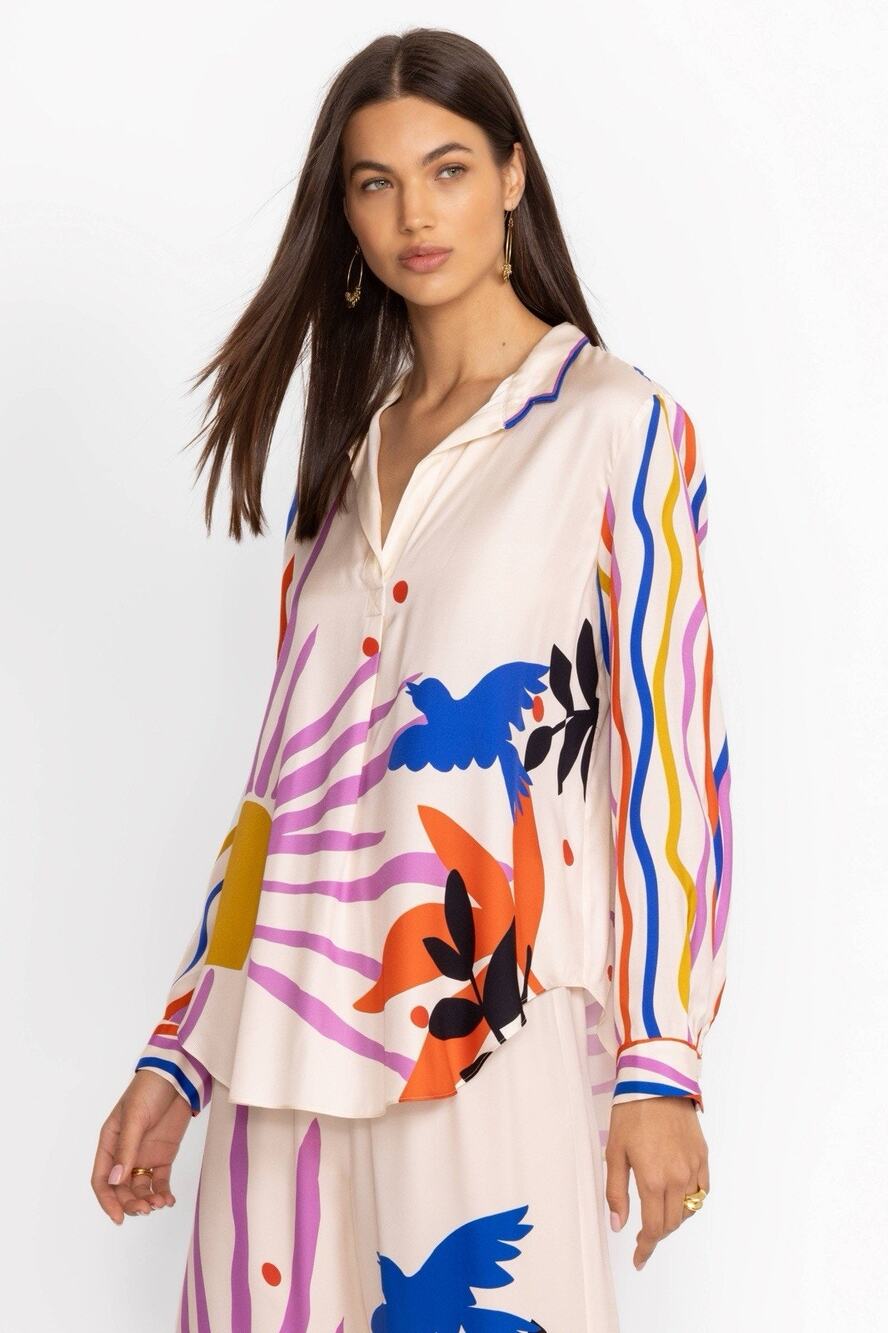 Johnny Was Jade Silk Mariella Button Shirt Oversized 46” Bust Endless Sunshine S